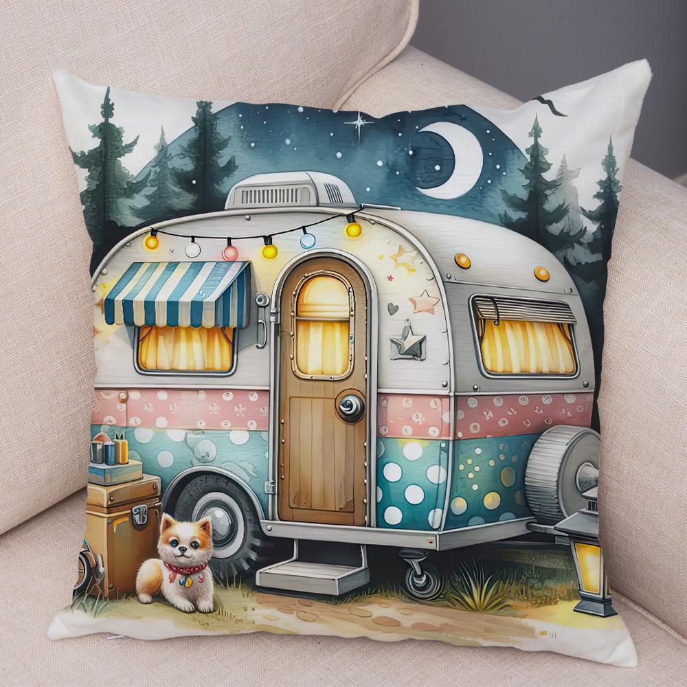 Happy Campers Pillow Case Double Print Decor Cartoon House Travel Car Cushion Cover for Sofa Home Soft Plush Pillowcase