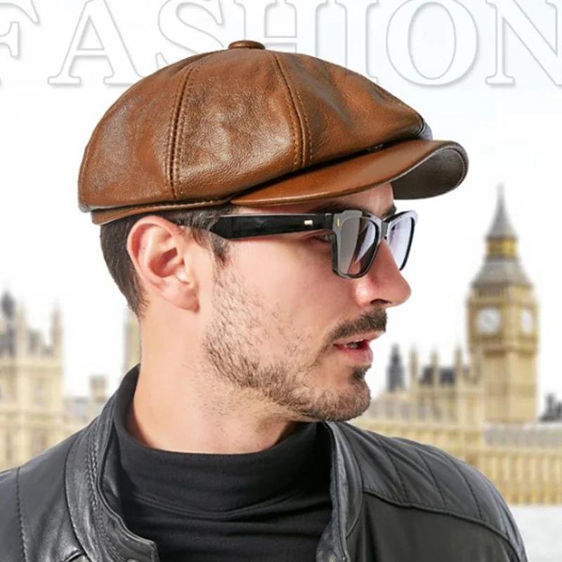 Klassische Retro-Leder-Baskenmütze für Herren, Hochwertige Achteckkappe, Stilvolle Studentenmütze für die Wintermode