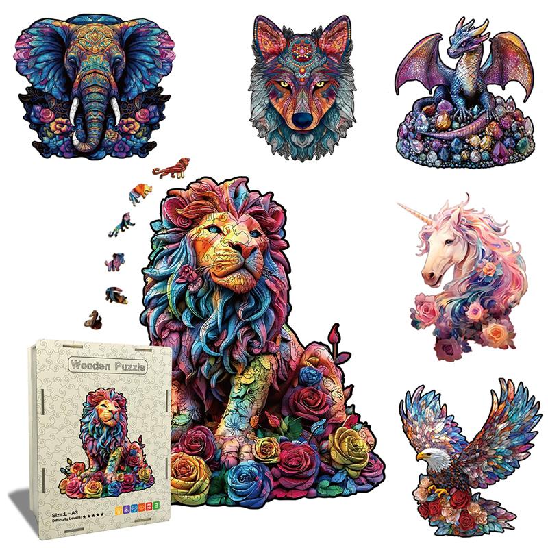 Wooden Irregularly Shaped Animal Jigsaw Puzzles Adult Toys 3D Lions Dinosaurs Eagles Creative Crafts Jigsaw Games Holiday Gifts