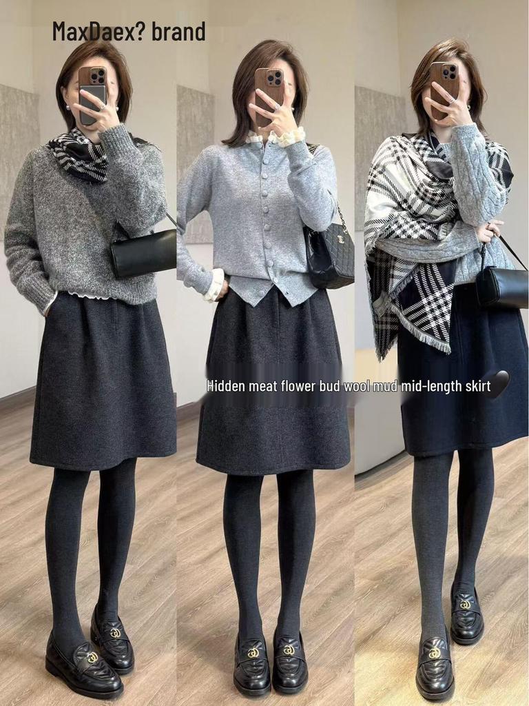 Max Daex Woolen Midi Skirt – Hidden Meat Bud Design for Simple Commuting, Ideal for Autumn/Winter.