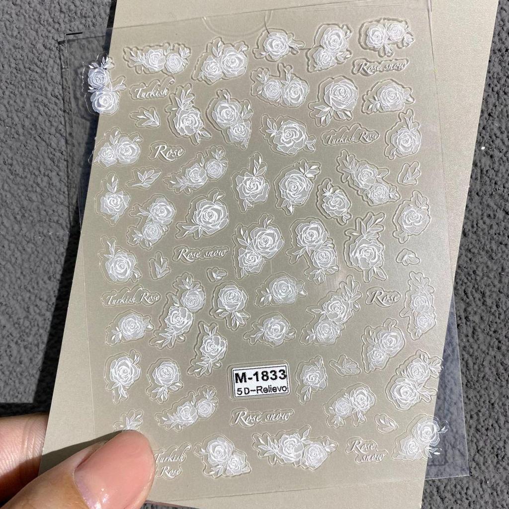 Embossed Black & White Rose Nail Art Stickers - Retro Gradient Floral Design