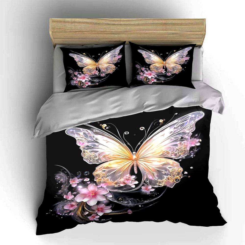 Sparkling Butterfly With Pink Flowers Duvet Cover Set With 3D Printing Design Soft Polyester Bedding Set All-Season Comfort
