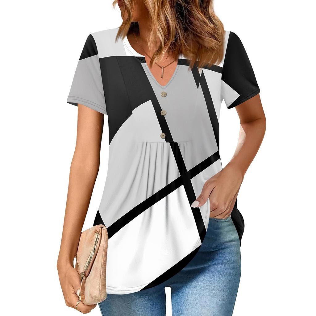 Women's Short Sleeve Tops Summer V-Neck T Shirts Casual Pleated Blouse Loose Print Basic Tee