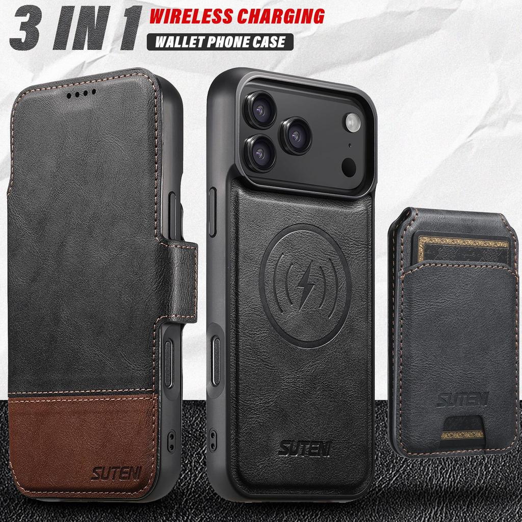 Magnetic Flip Case with Card Slot & Wireless Charging Stand for iPhone 17 Pro Max