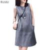ZANZEA Women Plaid Print Casual Round Neck Sleeveless Dress