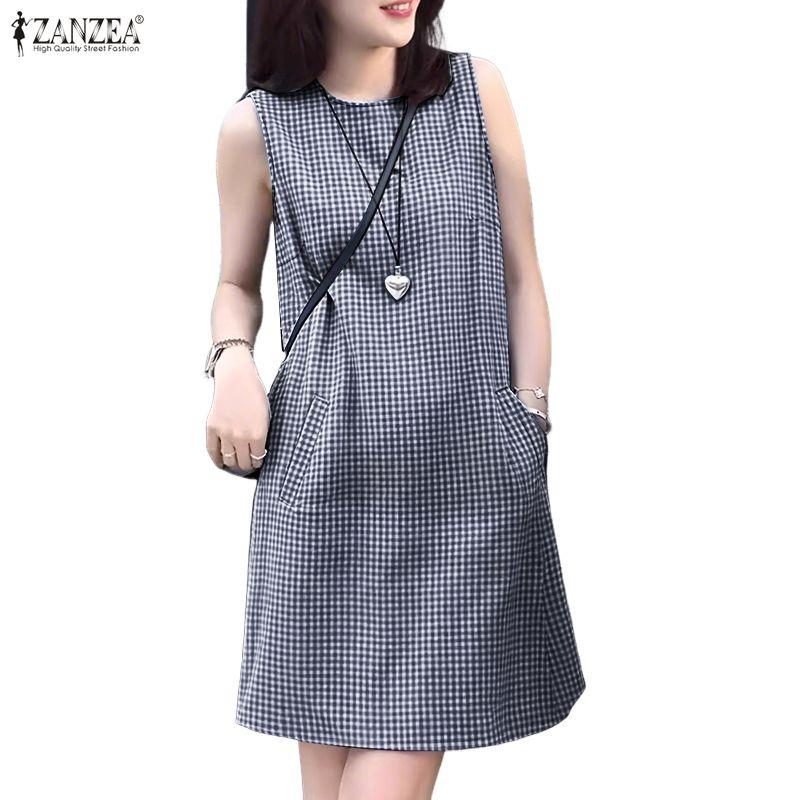 ZANZEA Women Plaid Print Casual Round Neck Sleeveless Dress