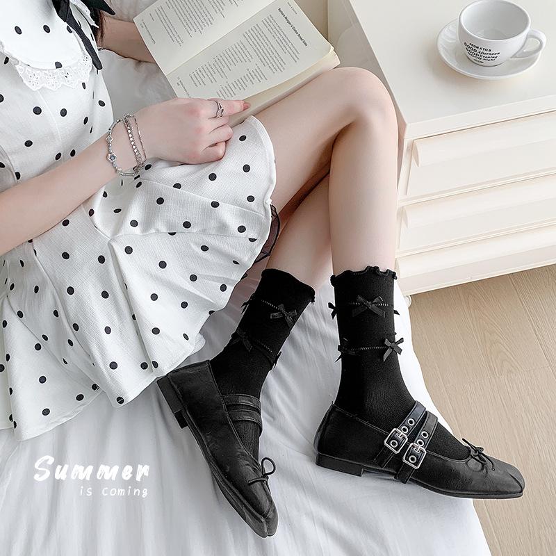 Ballet-style Dui Dui Socks for Women Spring and Summer, Thin Bow-shaped Black Ear-trimmed Mid-calf Socks
