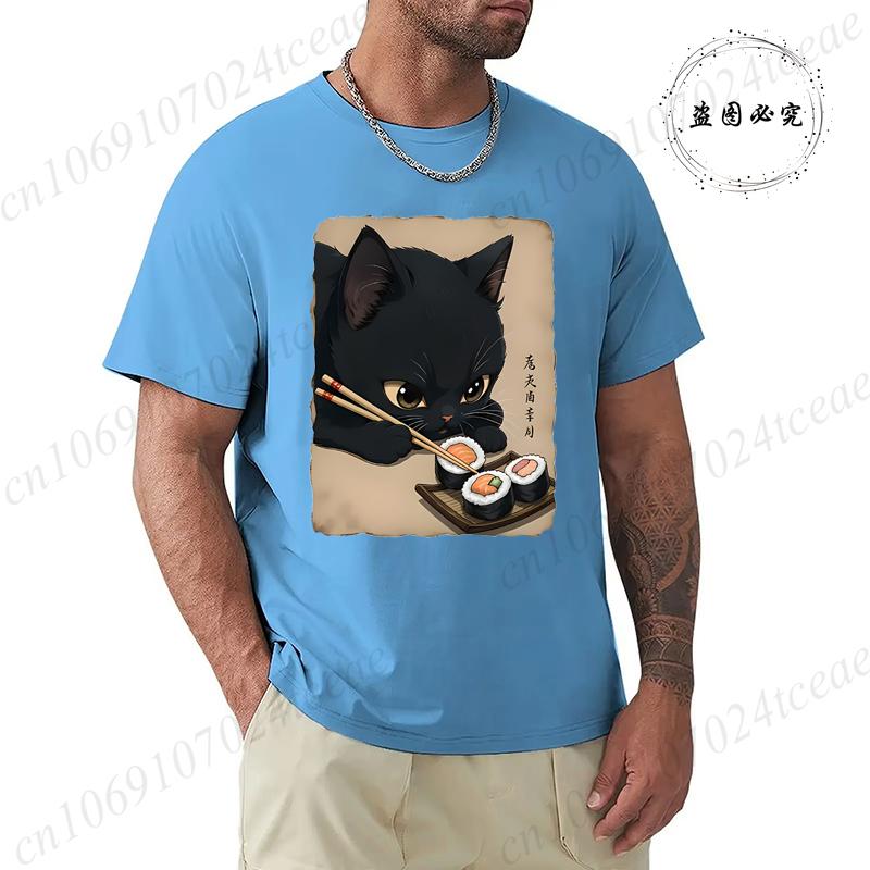 T Shirt for Men Black Cat Sushi Printed Men Fashion Style Design Clothing Anime Cat Cartoon Men TShirt Casual Tees Short Sleeve