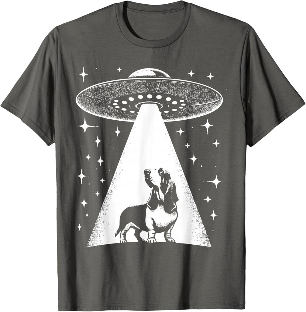 Basset Hound UFO Alien Abduction Graphic Tee Funny Dog Lover Gift T-Shirt