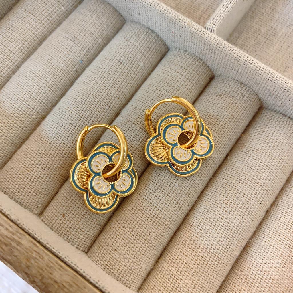 Pink Purple Enamel Earrings Women'S High-End Stud Earrings Light Luxury Temperament National Style Earrings