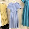Summer French Short Sleeve Round Neck Dress Women Elegant Slimming Drawstring Long Dress