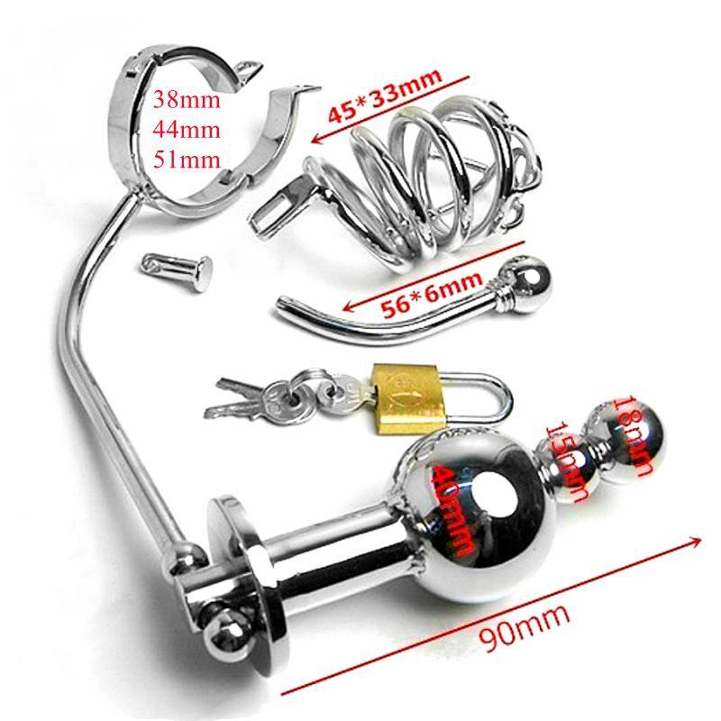 Lock Him Cage & Beads Plug 304 Stainless Steel Adjustable Chastity Cage BDSM