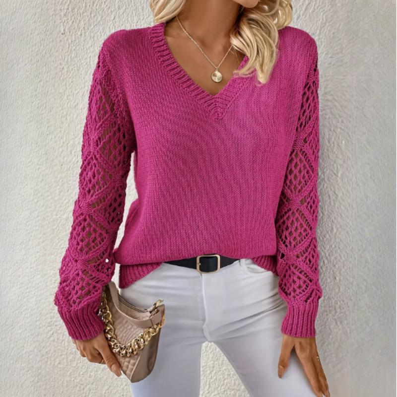 Spring and Autumn Jacket Hollow Knitted Sweater Women's Pullover Long-sleeved Crochet Jacquard Loose V-neck Bottoming Top