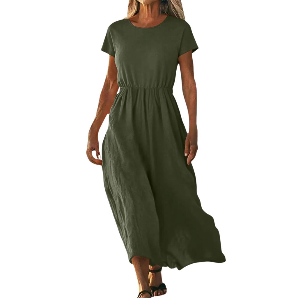O-Neck Dress For Women Casual Comfy Cotton Linen Short Sleeve Tunic Beach Dresses With Pockets