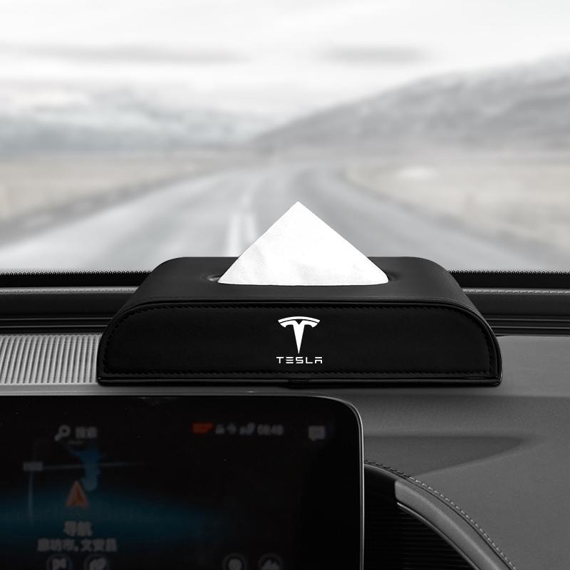 Leather Car Tissue Box Hanging Badge Paper Towel Bag Storage Auto Accessories For Tesla Model S Model X Model Y Model 3 Roadster SpaceX