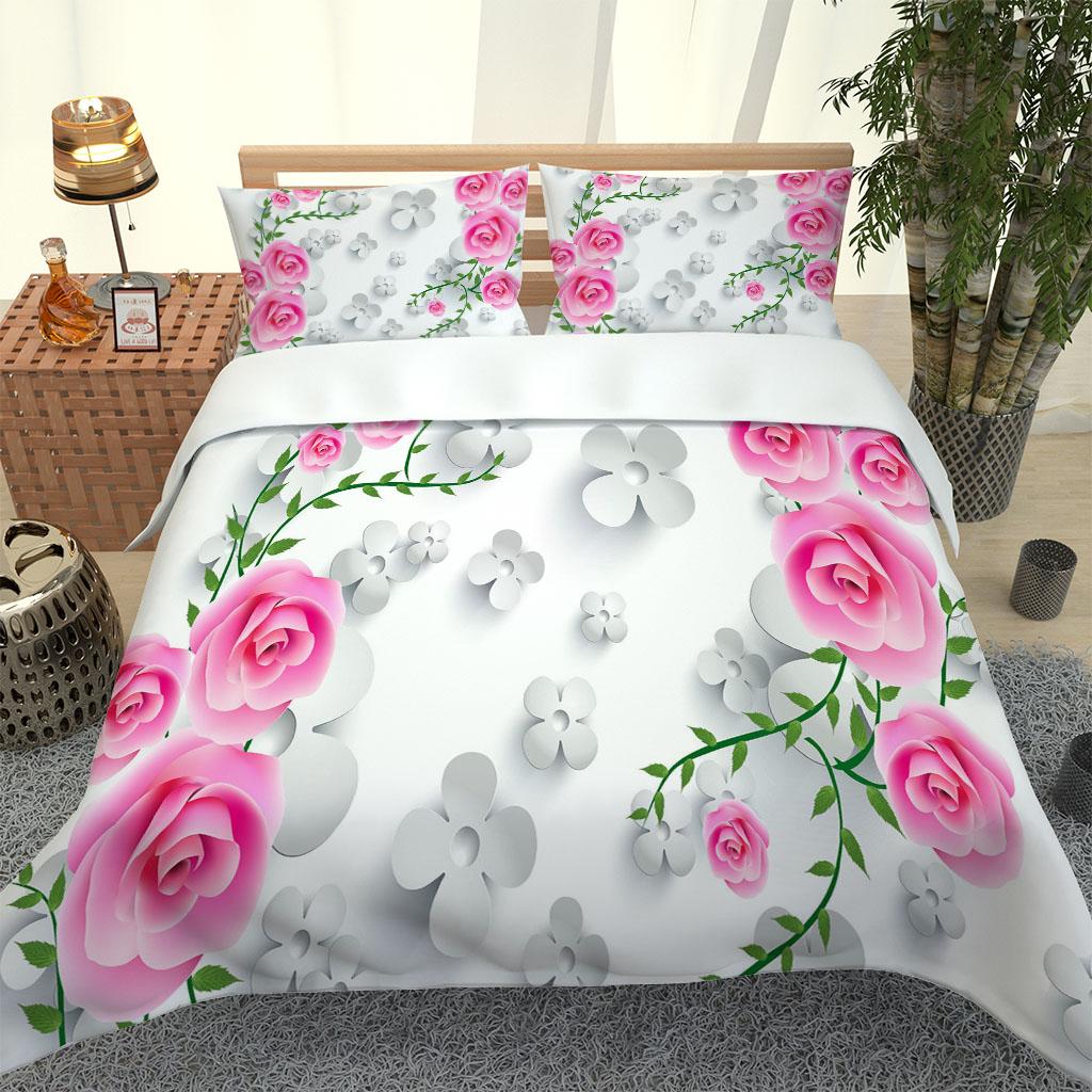 3D Bedding Collection Botanical Red Pink Flowers Duvet Quilt Cover Collection Comforter Cover Pillowcase King Queen Size Printed