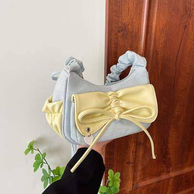Fashion Pleated Bow Women Bag  Summer Simple All-Match Zipper Shoulder Bags Lady Denim Small Handbag