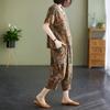 1116 summer new fat mm retro casual linen cotton printing round neck pullover short sleeve suit top cropped pants women