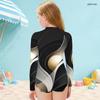 Girls High Neck Long Sleeve Front Zip One Piece Printed Swimsuit Black Gold Silver