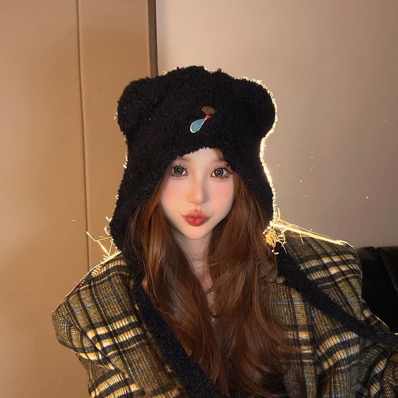 New Hat for Women's Snot Bear Lace Up Plush Hat Autumn and Winter Ear Protection Warm Pullover Hat Knitted Lei Feng Wool Hat