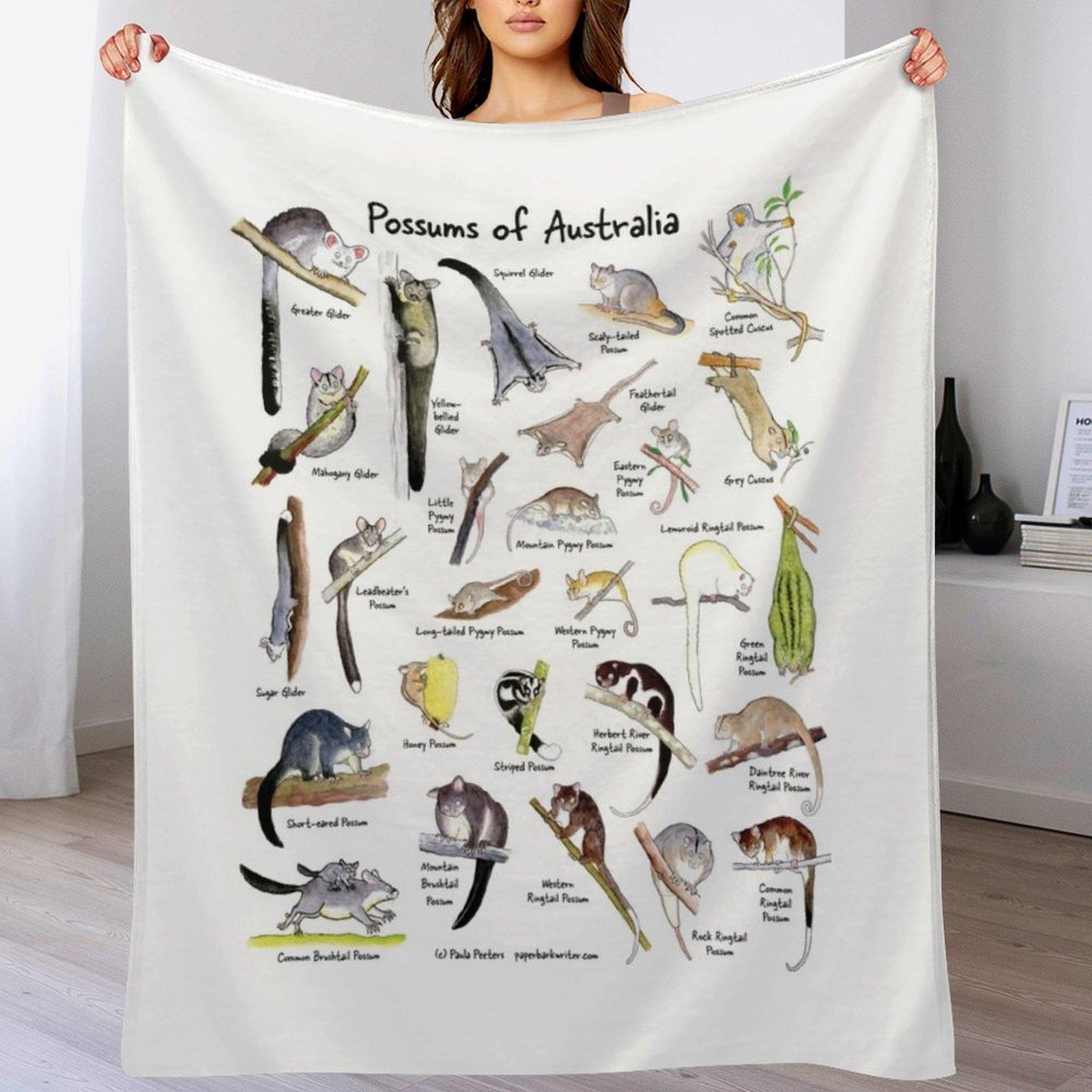 Possums of Australia with names Throw Blanket Lightweight Warm Blanket for Indoor Outdoor Use 102x76cm(40x30in)