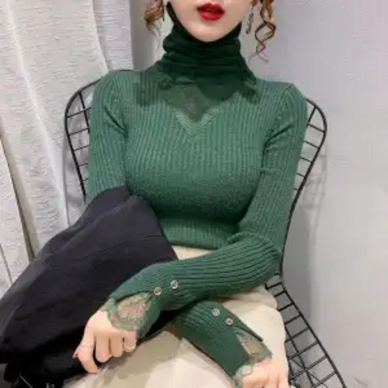 Splicing Pile Turtleneck Sweater Fashionable Slim Knitted Base Shirt Autumn Winter Mesh Hollow Lace