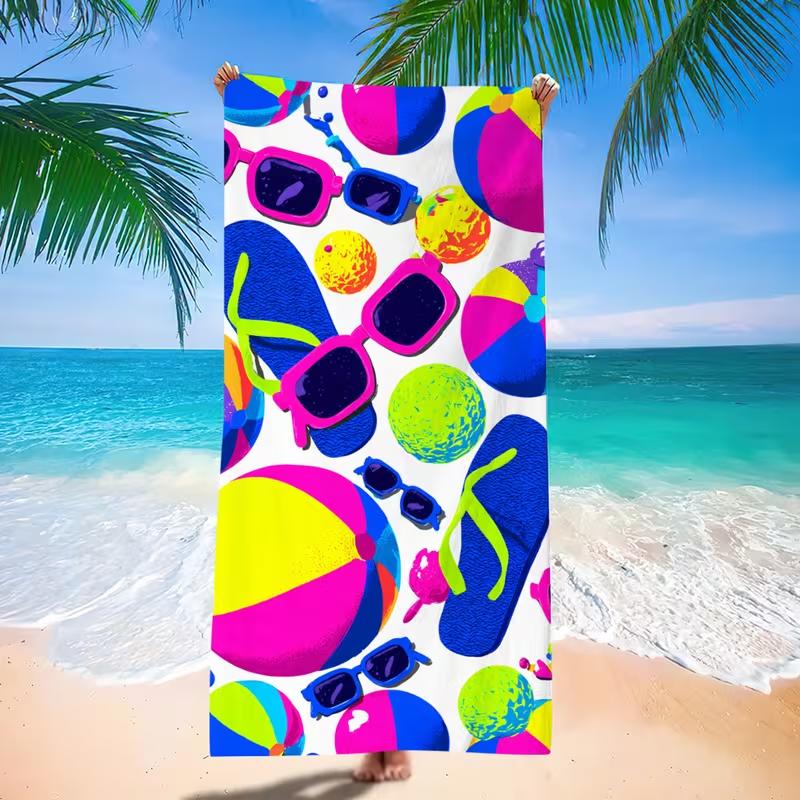 Bright Neon Beach Ball Sunglasses Flip Flop Print Beach Towel Sand Free Quick Dry Absorbent Towel for Beach Swimming Yoga