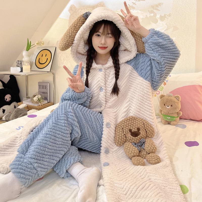 Women's Winter Plus Velvet Coral Fleece Nightgown - Cute Thick Flannel Home Wear