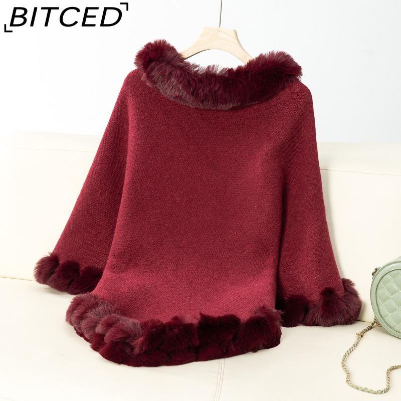 BITCED Solid Colour Wool-Trimmed Pullover for Women Autumn/Winter Thick Vintage Check Knitted Cape Shawl