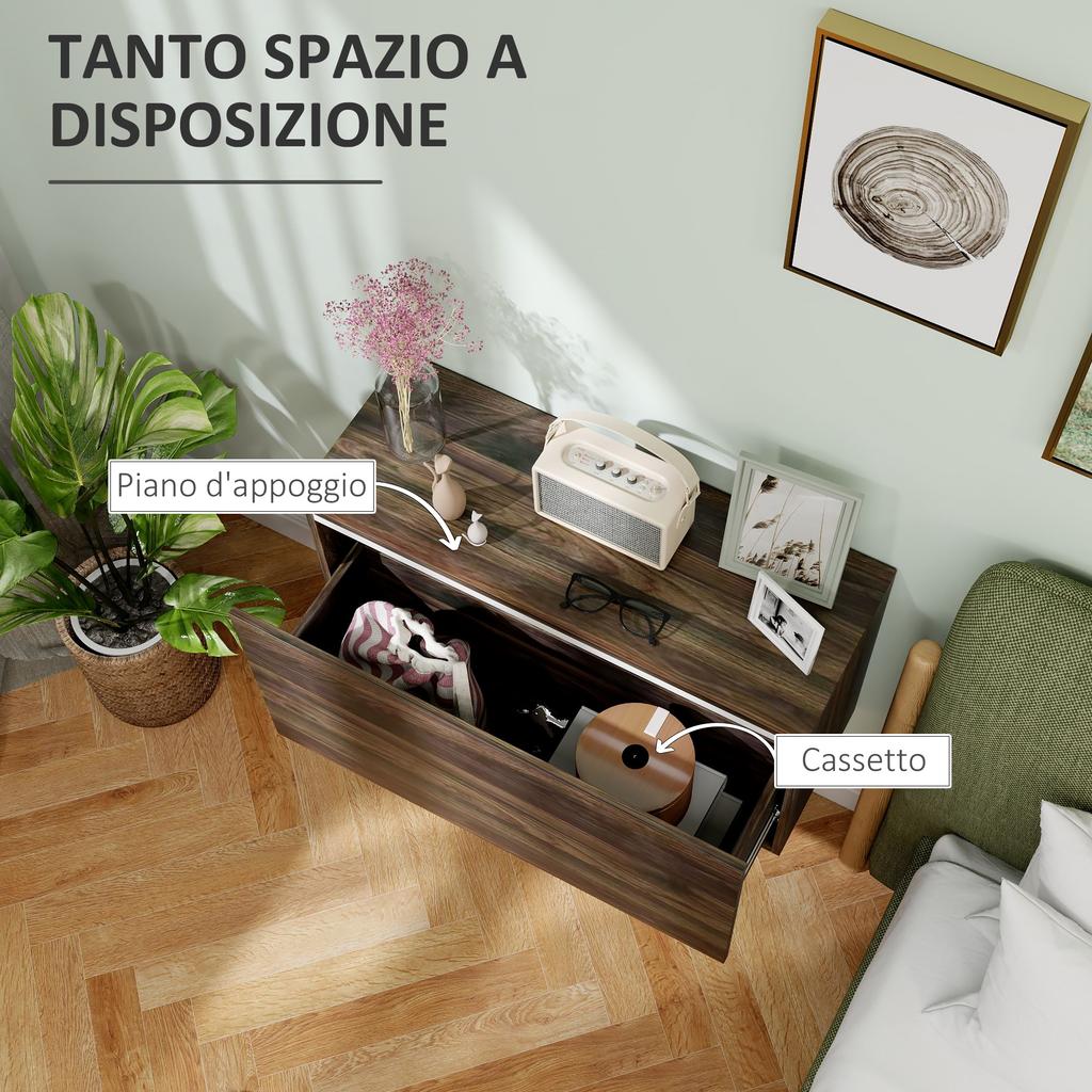 Wall-Mounted Bedside Table with Handleless Drawer and Wall Fixing, 80x30x45cm, Walnut