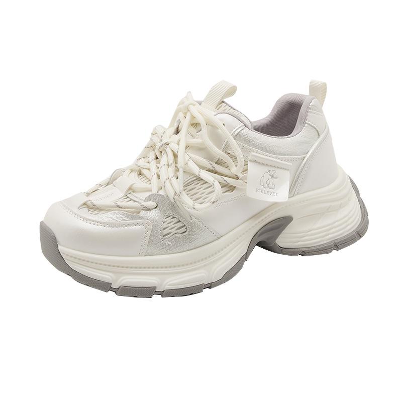 Leather dad shoes women's thick-soled heightened mesh breathable sneakers casual lace-up student shoes women
