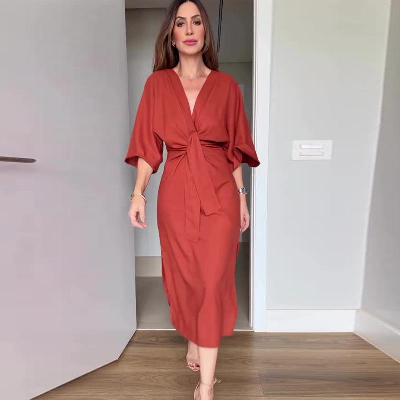 European & American Women's V-Neck Summer Dress 2025 - Casual Solid Color Short-Sleeve Slit Design