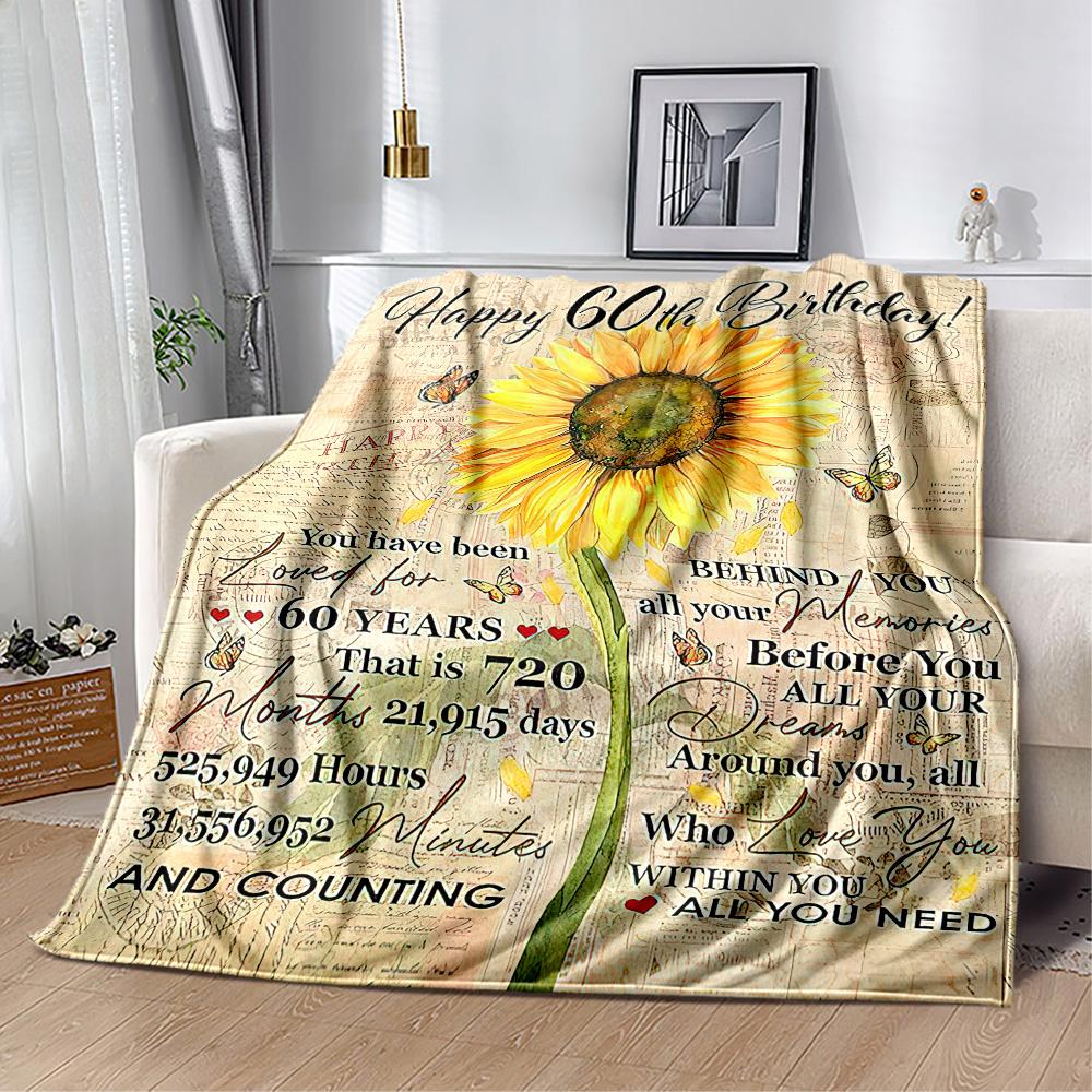 Happy 60th Birthday Sunflower flannel,Lightweight,Flannel Blanket,Comfortable Blanket, Sofa Blanket, Gift blankets,Holiday Gift Blanket Blankets