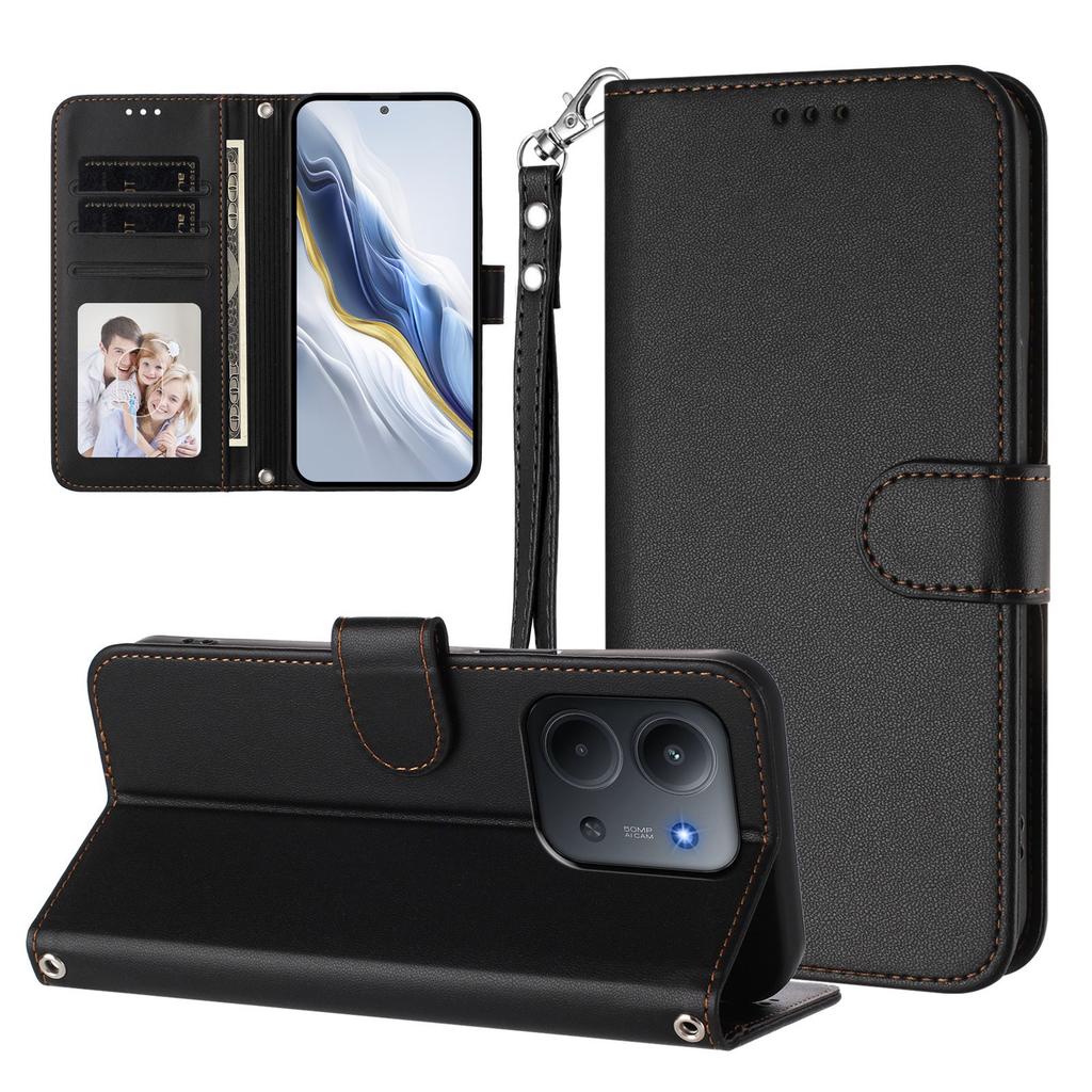 For Xiaomi Redmi 15C 4G (171 mm) Lommeboketui i skinn med stativ og håndleddsstropp