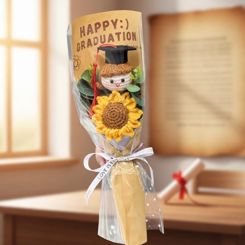 Artisanal Knitted Sunflowers Bouquets Long Time Fiber Art Celebration Decorations Gift For Grads And Special Event