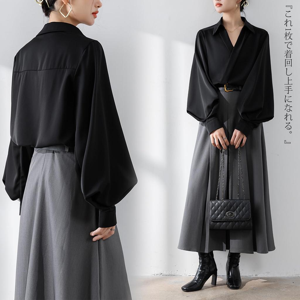 Long Sleeve Chiffon Blouse with Balloon Loose Plus Sizes Korean Autumn [POGCZMKK] Women's Shirt, V-Neck Sleeves, Cute, Slimming, Fit, Available,