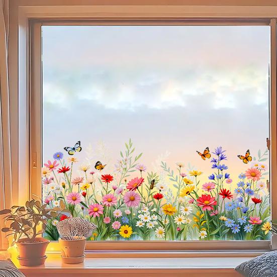 Spring Summer Flower Butterfly Window Cling Colorful Floral Window Sticker Removable Double-Sided Static Decals for Home Office Classroom Decor