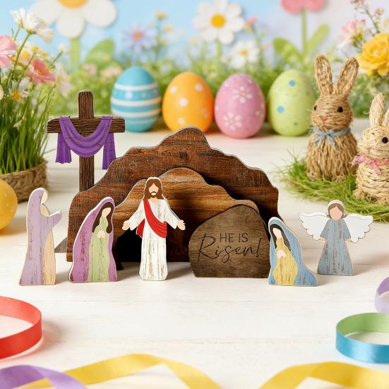 9Pcs/Set Empty Tomb Jesus Decoration Easter He Is Risen Wooden Table Sign Home Office Tabletop Resurrection Scene Christian Religious Ornament
