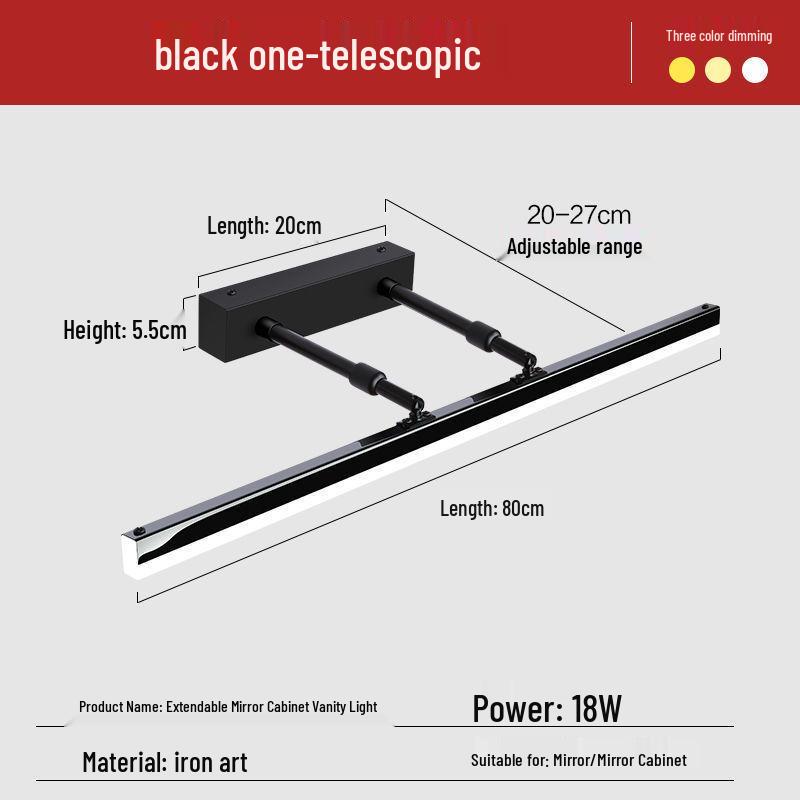Nordic Minimalist Bathroom LED Telescopic Mirror Cabinet Vanity Light, Three-Color Wall Light for Bathroom.