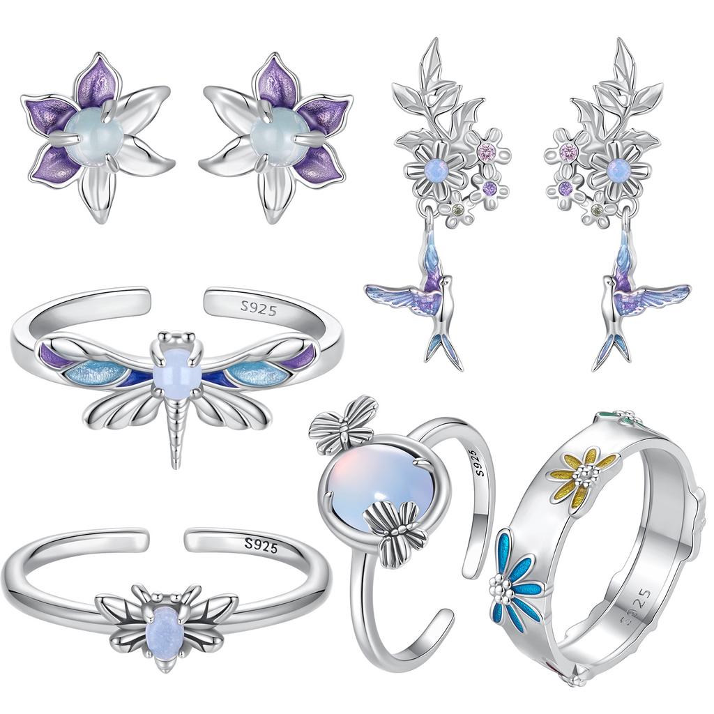 S925 Sterling Silver Dream Gradual Change Color Butterfly Dragonfly Luminous Stone Jewelry Set Female Niche Design Light Luxury