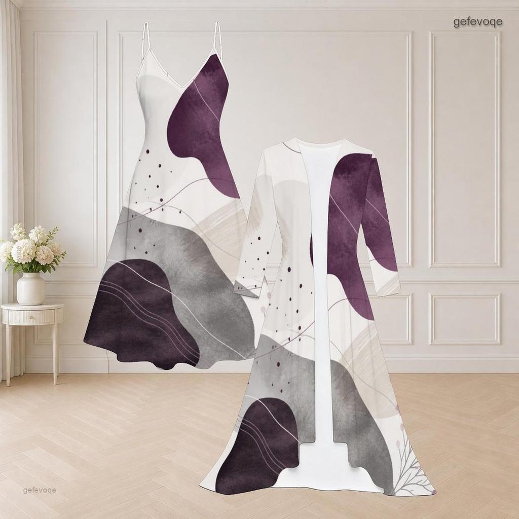 Women Plus Size Black White Orange Geometric Printed Two Piece Set Strappy Flared Dress Long Sleeve Open Front Cardigan
