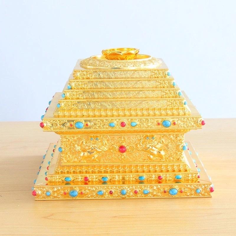 Tibetan Stupa Tantric Engraved Pearl Inlaid Gem Buddhist Statue Brown Alloy Handicraft Altars Indoor Home Desktop Decorative