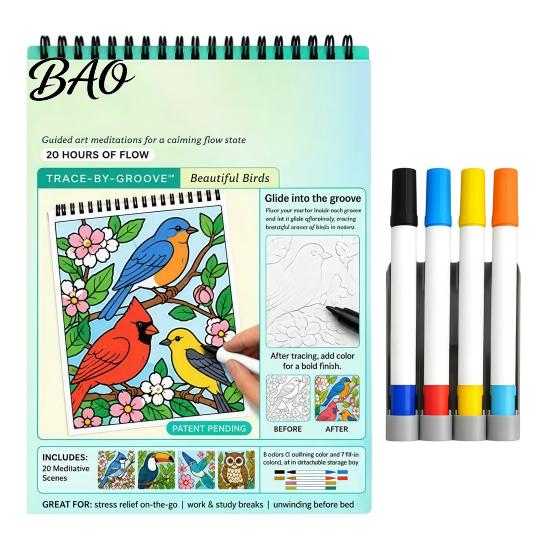 Spiral Bound Drawing Album Trace-By-Groove Guided Coloring Book, Clear Artistic Printing with 20 Decorative And Painting Set for Teens Scenes