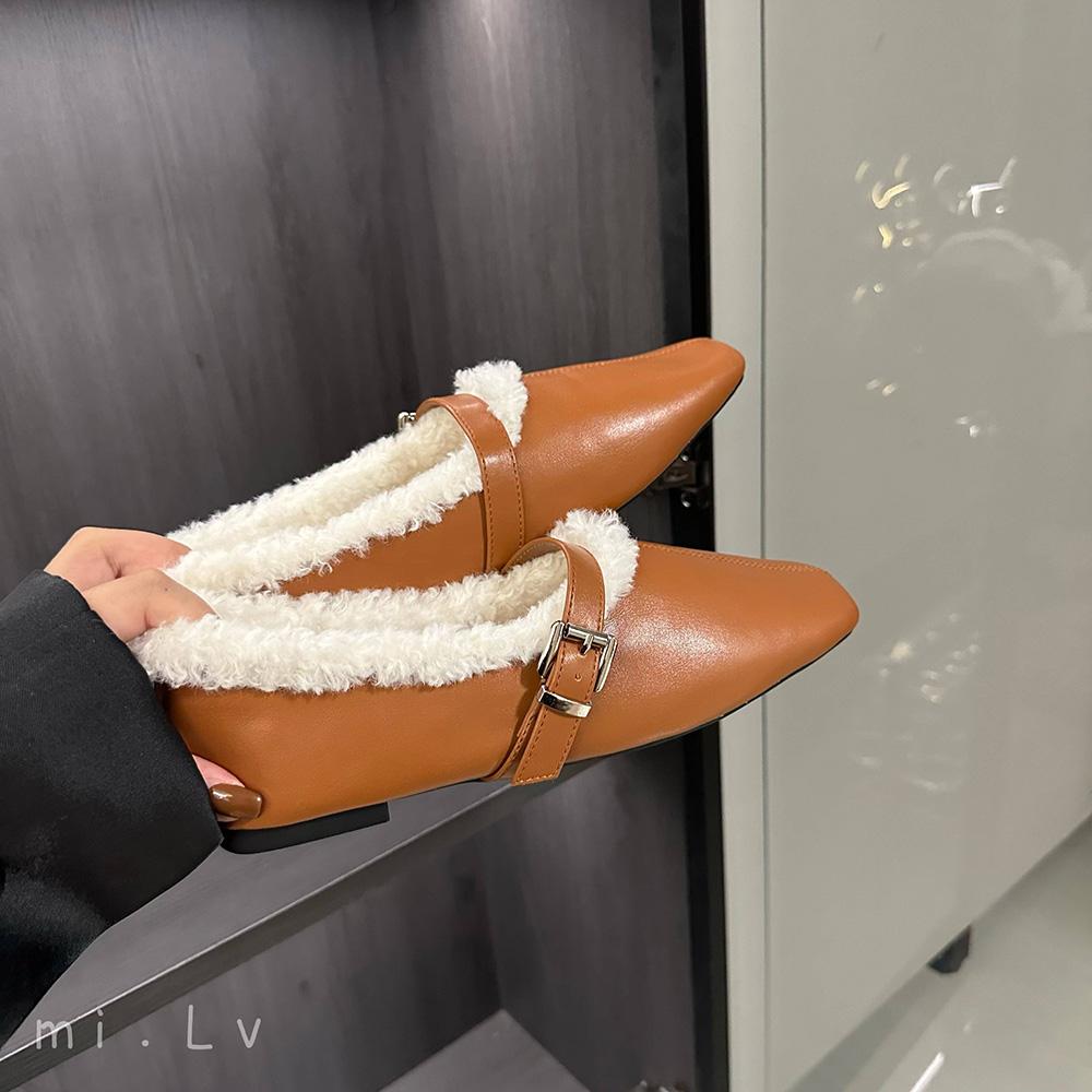 fashion Sweet Women Flats Loafers Round Toe Winter Dress Shoes Beige Black Brown Belt Buckle Casual Dress Shoes Woman Slip On Size 35-39