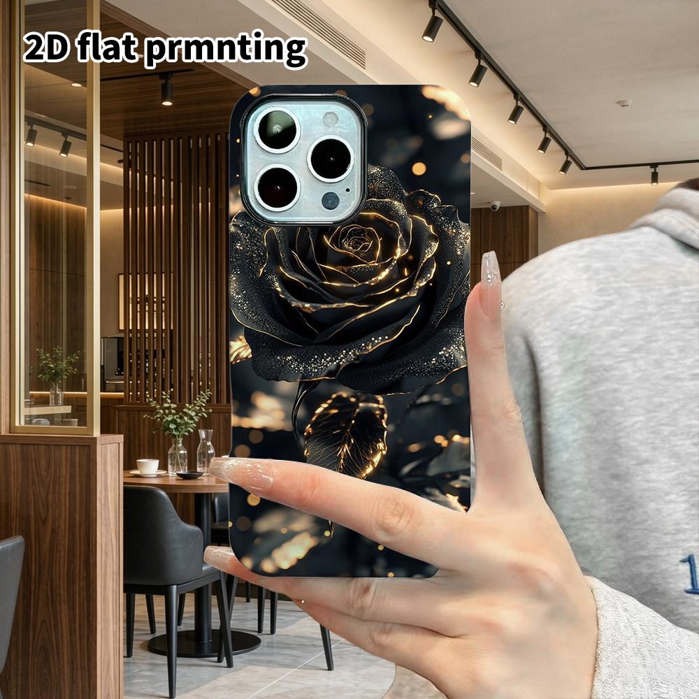Phone Case: 2D Flat Suitable for iPhone 18 17 16 15 14 13 Pro Film Protective Case, Couple Style, Black Gold Rose, Christmas and Halloween Gift