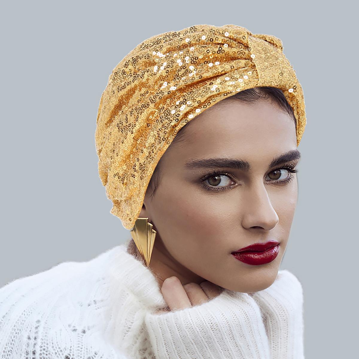 

Шапки-тюрбаны с блестками и завязанным узлом для женщин золотой