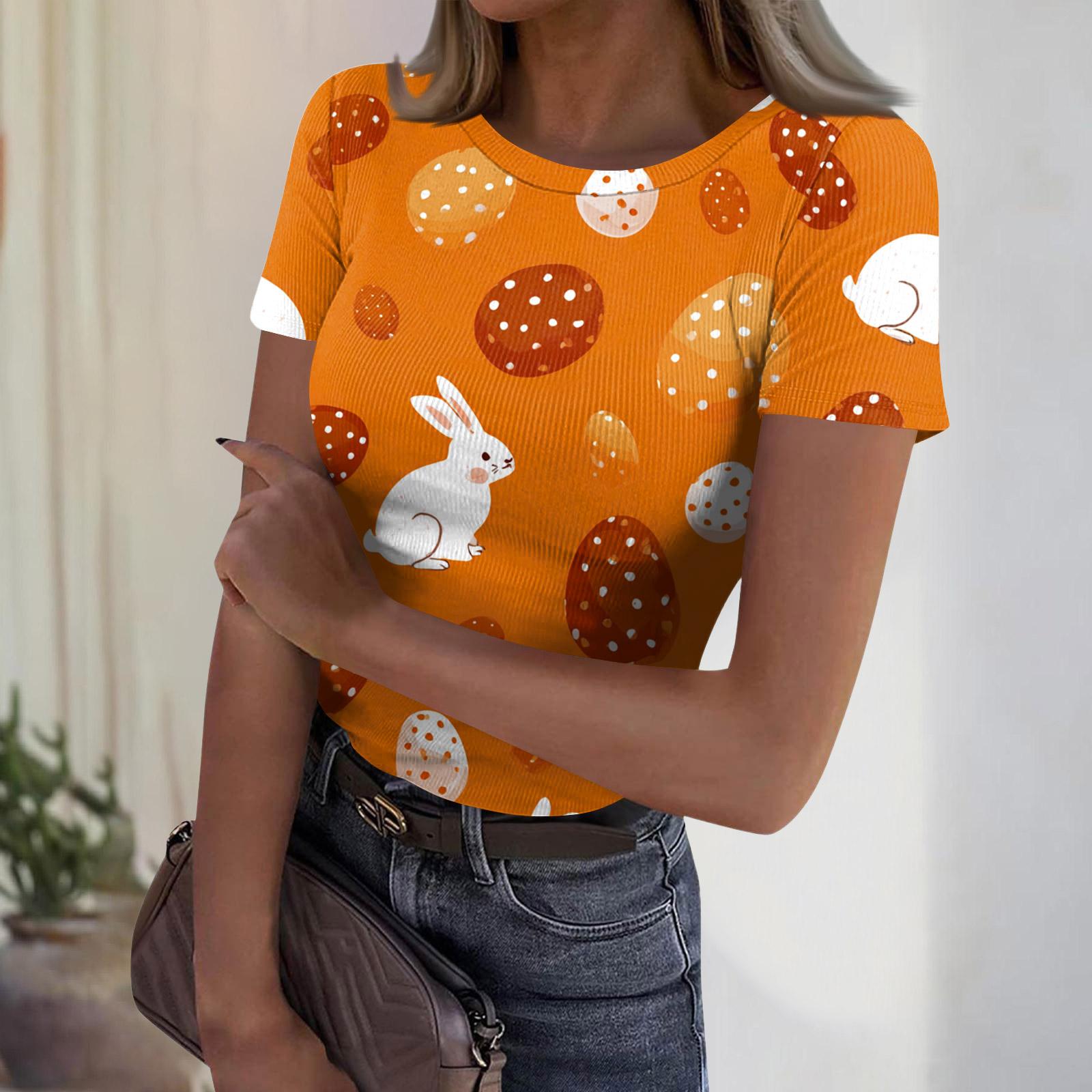 

Женский повседневный модный топ с круглым вырезом, принтом на Пасху, коротким рукавом и рубчатой отделкой XXL оранжевый