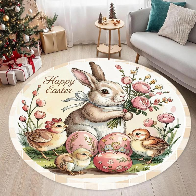 

Easter Bunny Egg Round Area Rug with Happy Easter Print Non-Slip Washable Floor Mat in Pink Blue Beige for Spring Home Decor 80cm x 80cm