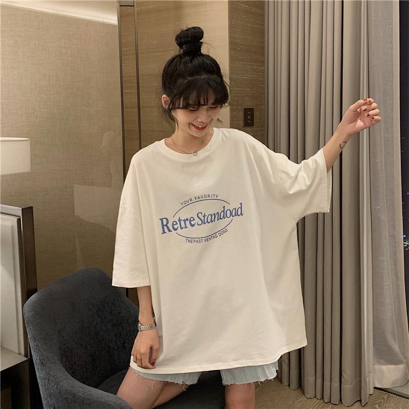 New Summer Korean Version Retro Mid-length BF Style Loose Large Size Internet Celebrity Ins Short-sleeved T-shirt Top for Women