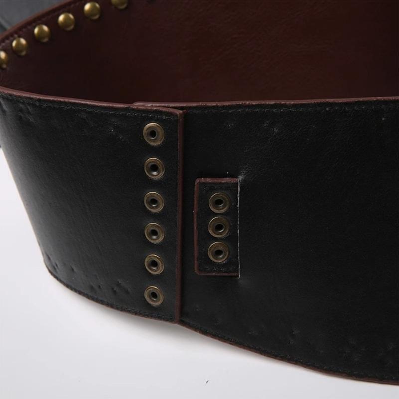 PU Leather Female Waist Belt with Irregular Buckle Rivets Decors PU Waist Belt Hollowed out Waistband for Coat Shirt